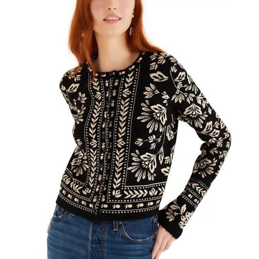 Farm Rio Flower Bloom Cardigan Sweater Black White Sz Large Button Up